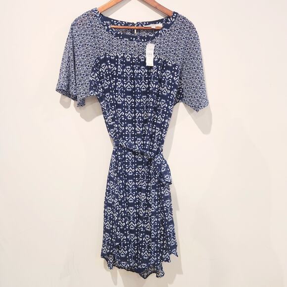 LOFT Womens Navy Blue White Aztec Print Belted Midi Dress Size Medium NEW Summer - Picture 1 of 12